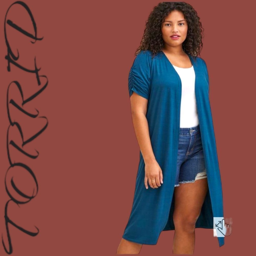 TORRID NEW Plus Size Blue Ruched Short Sleeve Fit & Flare Duster. - Picture 3 of 16